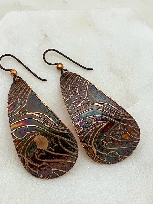 Large acid etched copper teardrop earrings