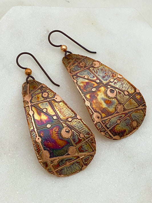 Large acid etched copper teardrop earrings