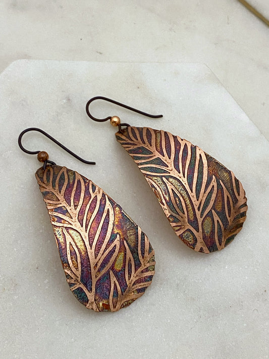 Large acid etched copper teardrop earrings