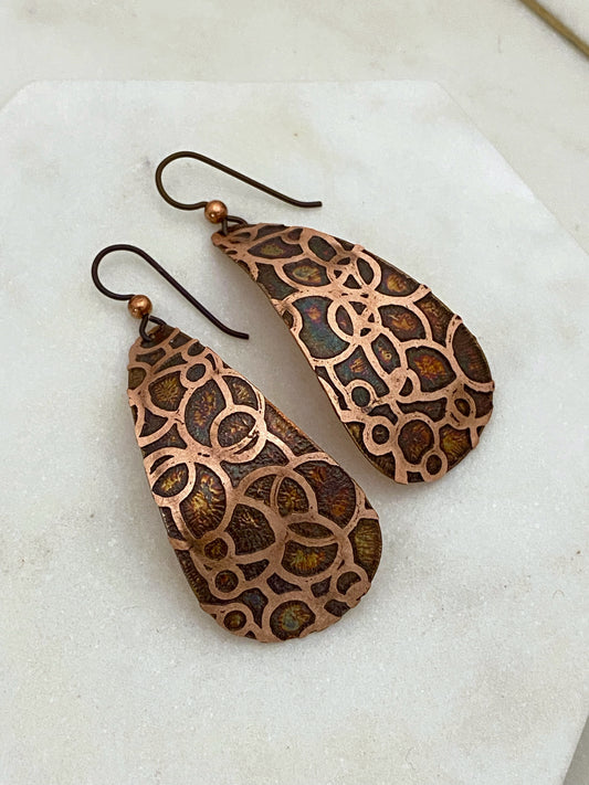 Large acid etched copper teardrop earrings