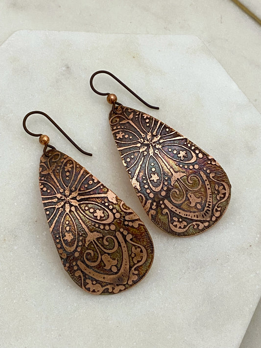 Large acid etched copper teardrop earrings