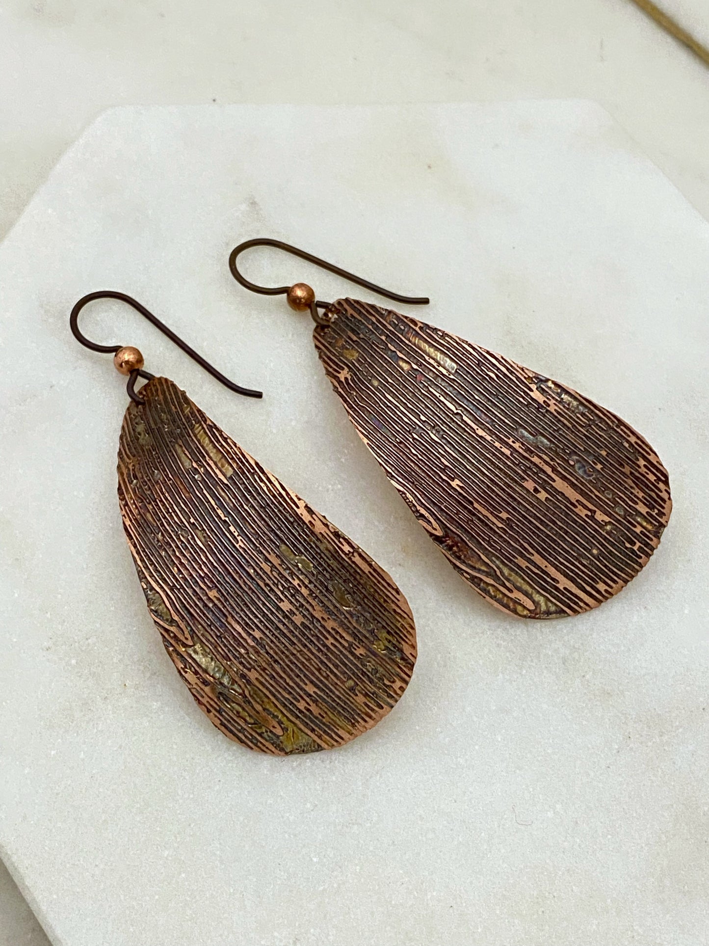 Large acid etched copper teardrop earrings