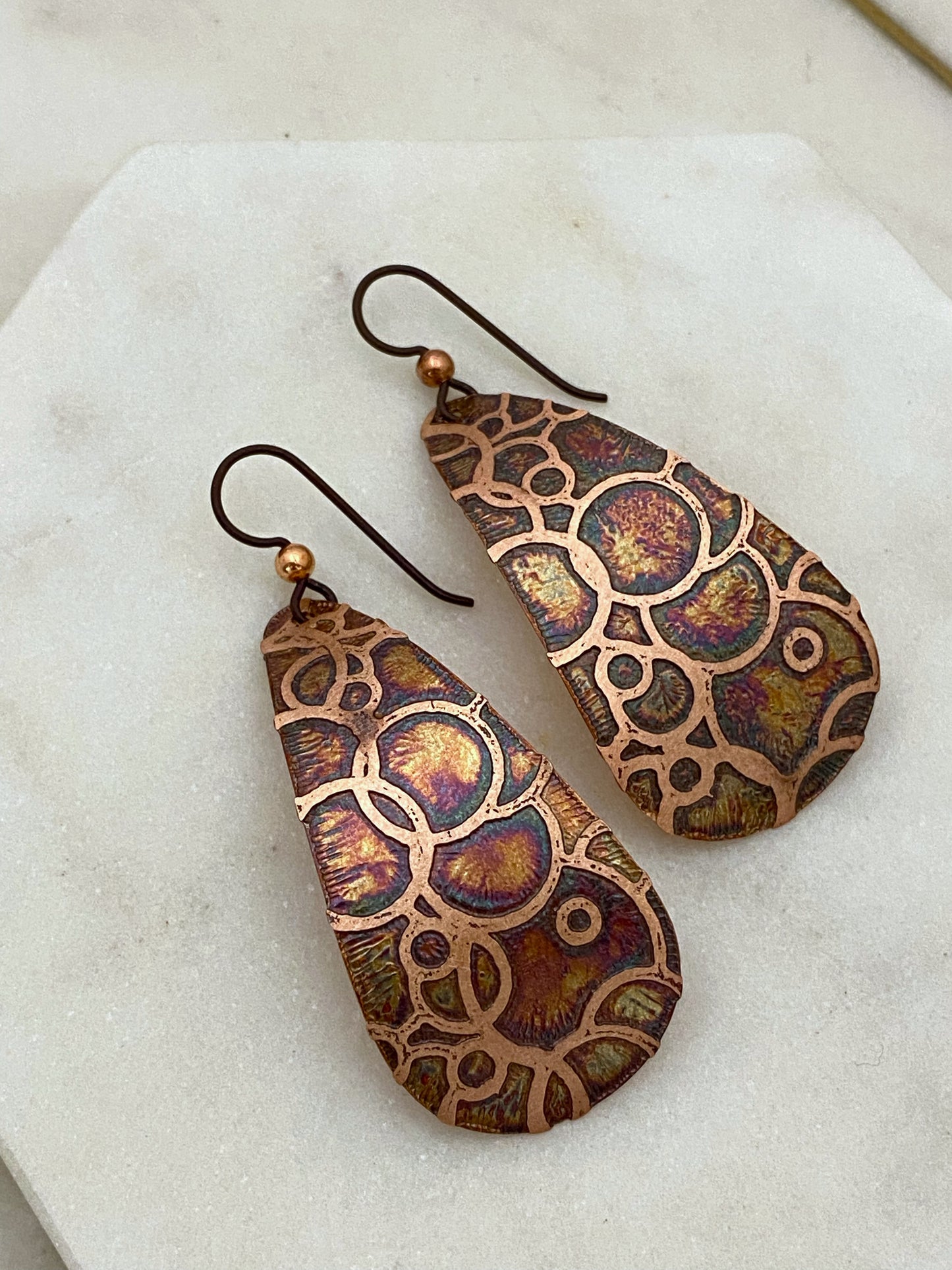 Large acid etched copper teardrop earrings