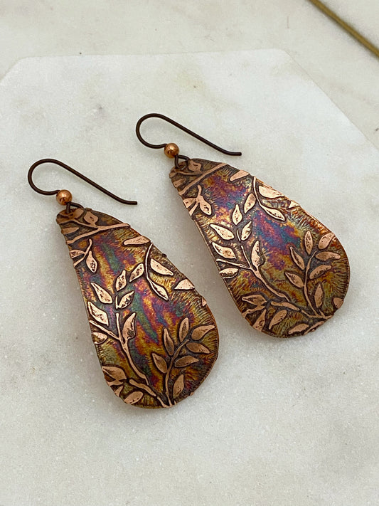 Large acid etched copper teardrop earrings