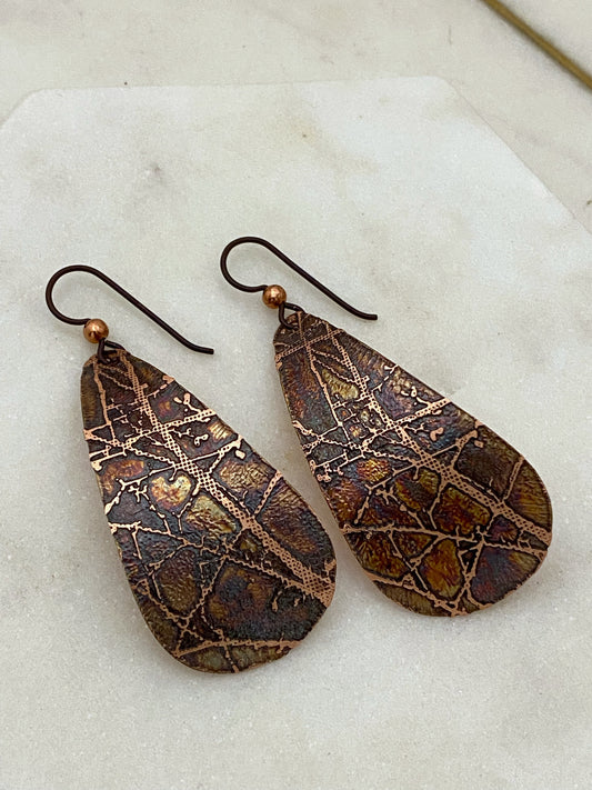 Large acid etched copper teardrop earrings