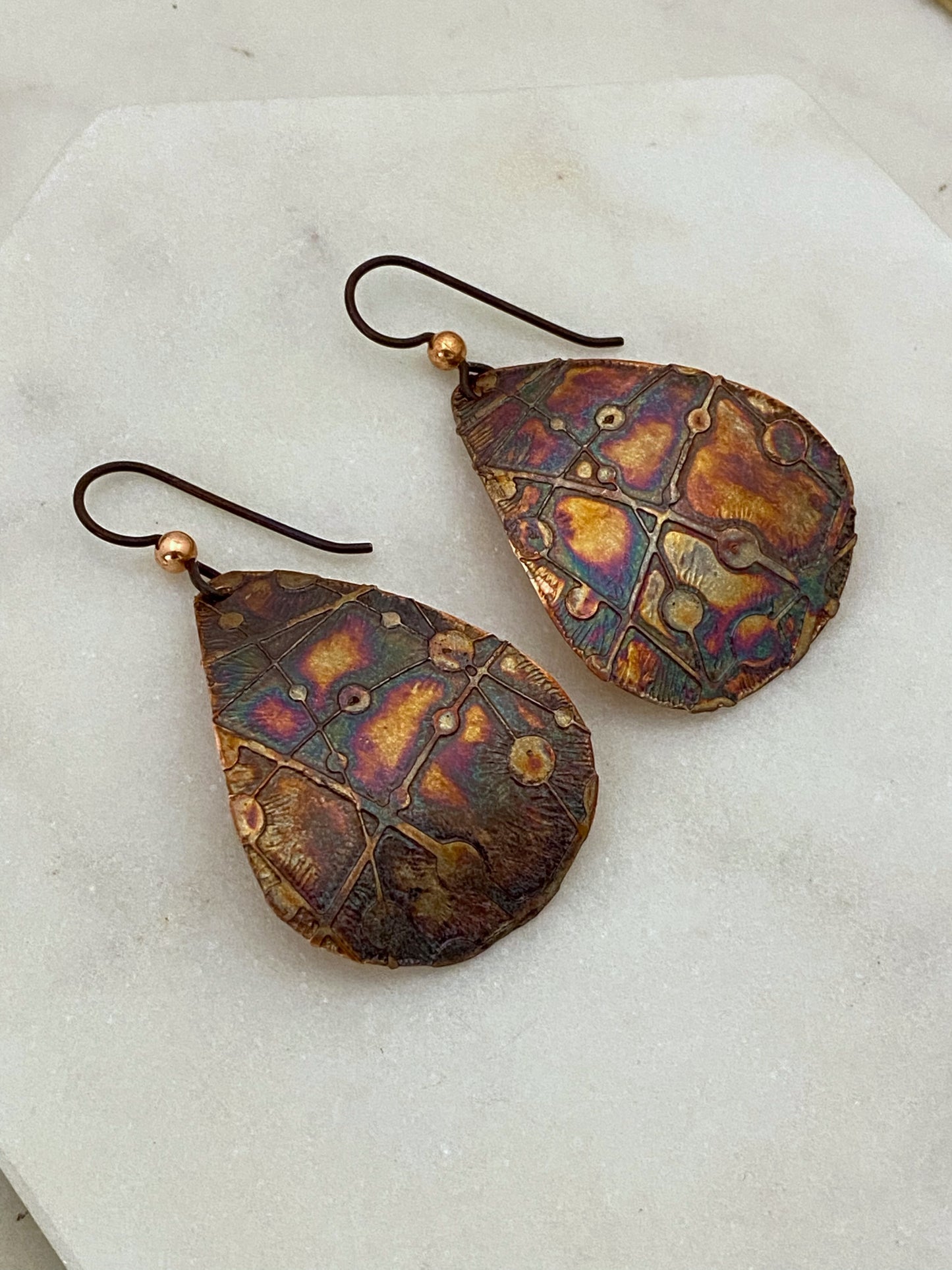 Acid etched copper medium teardrop earrings