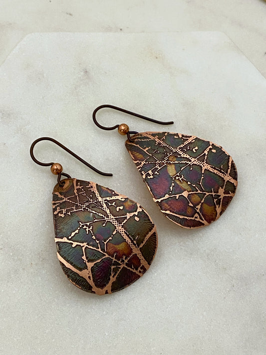 Acid etched copper medium teardrop earrings