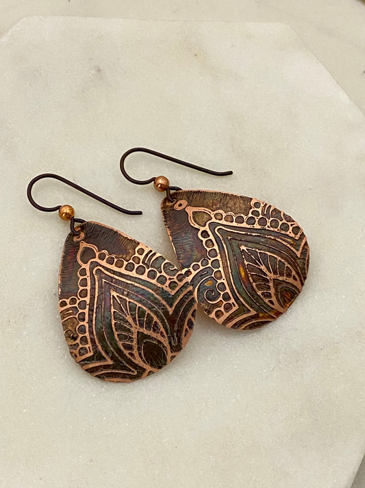 Acid etched copper mandala medium teardrop earrings