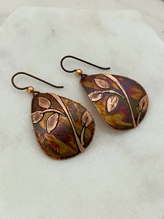 Acid etched copper leaf medium teardrop earrings