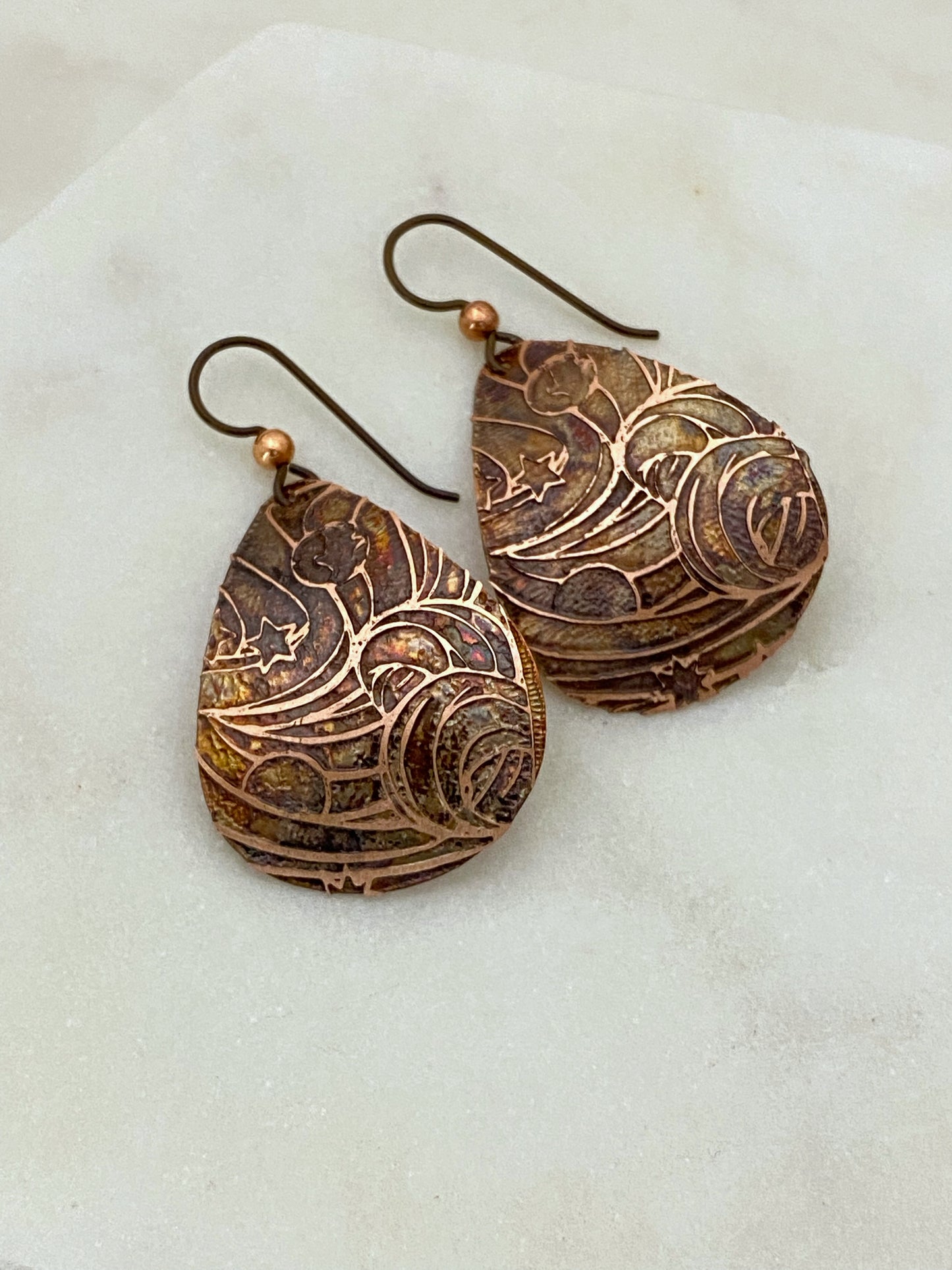 Acid etched copper medium teardrop earrings