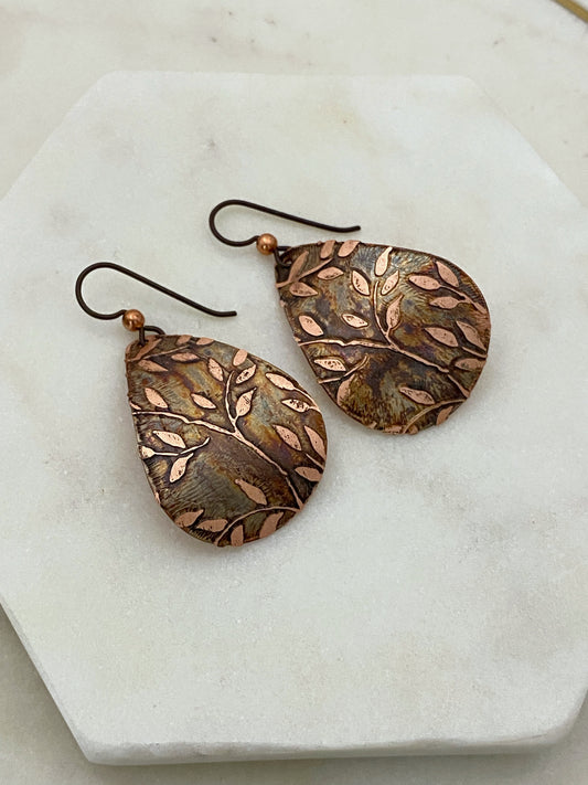Acid etched copper medium teardrop earrings