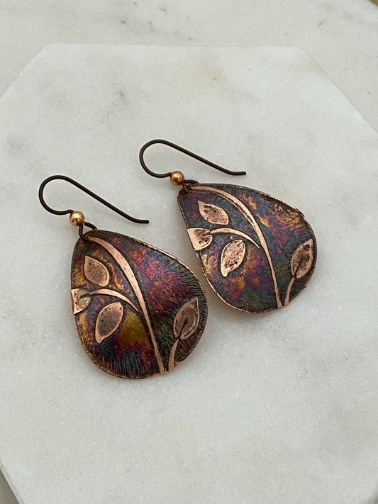 Acid etched copper medium teardrop earrings