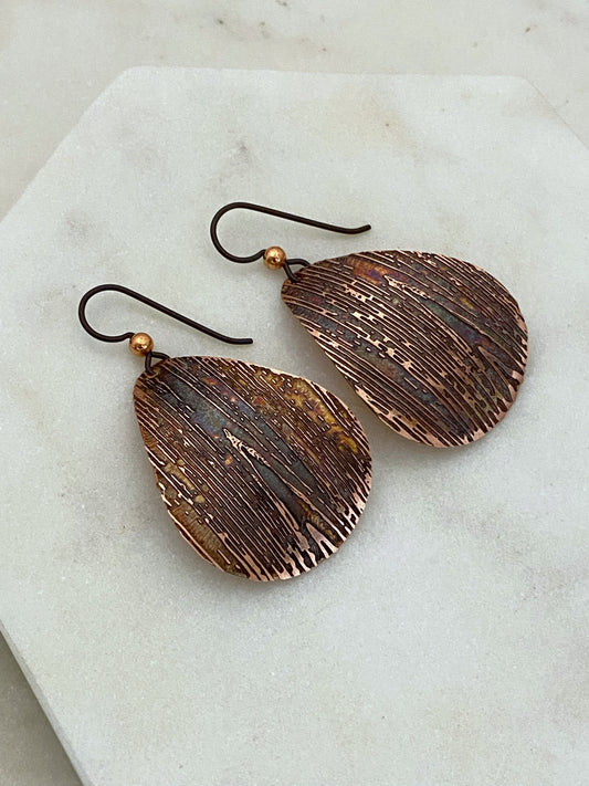 Acid etched copper medium teardrop earrings