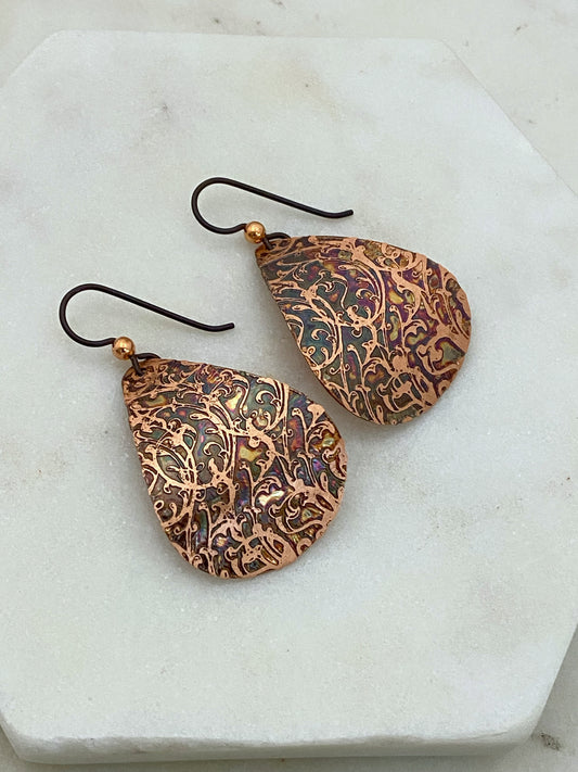 Acid etched copper medium teardrop earrings