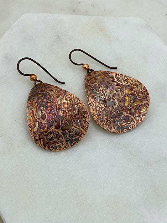 Acid etched copper medium teardrop earrings