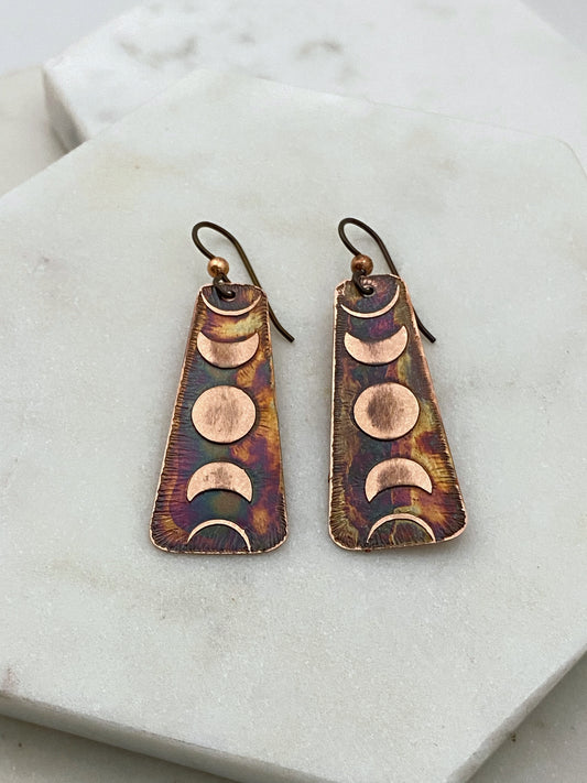 Acid etched copper moon phase earrings