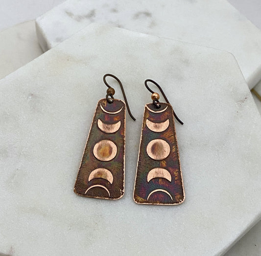 Acid etched copper moon phase earrings