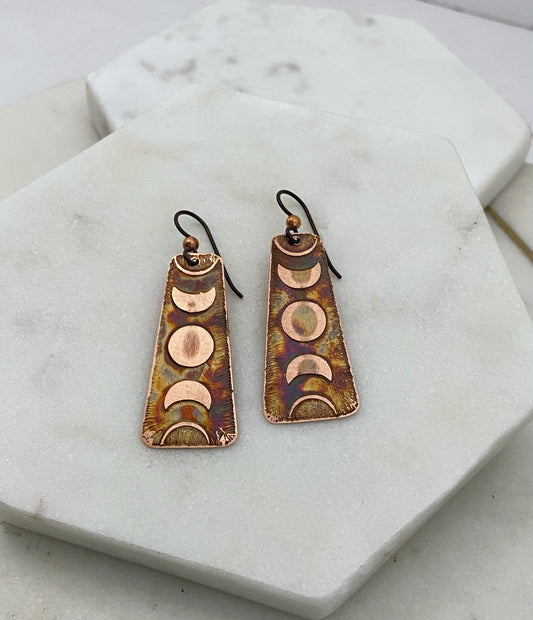 Acid etched copper moon phase earrings