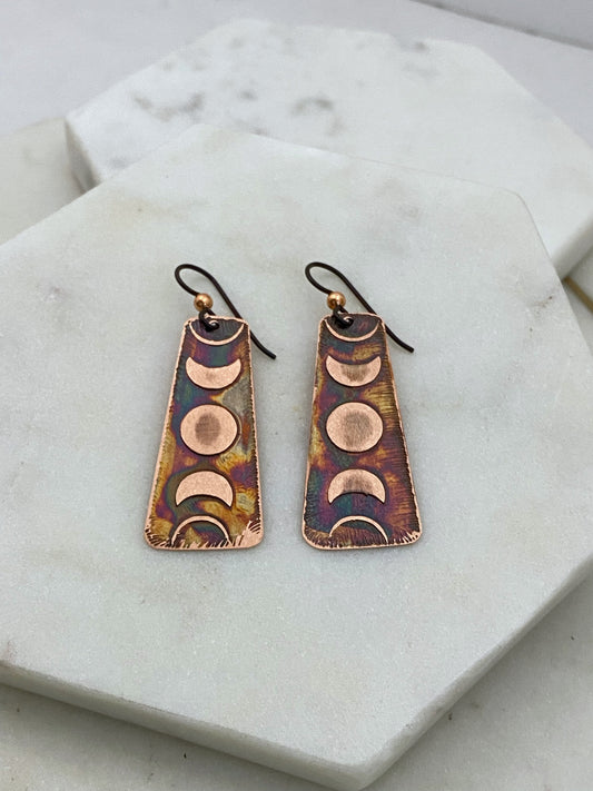 Acid etched copper moon phase earrings