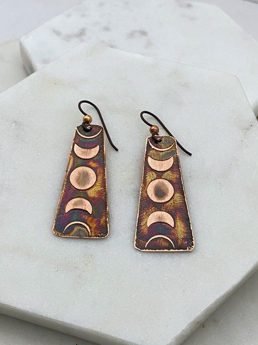 Acid etched copper moon phase earrings