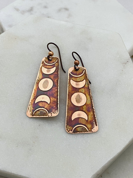 Acid etched copper moon phase earrings
