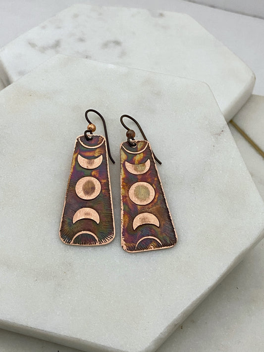 Acid etched copper moon phase earrings