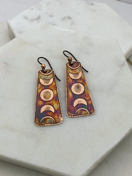 Acid etched copper moon phase earrings