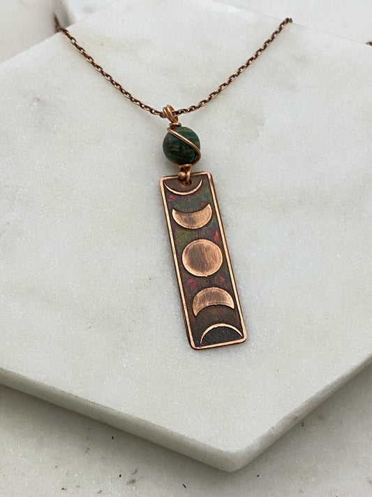 Moon phase acid etched copper necklace with amazonite gemstone