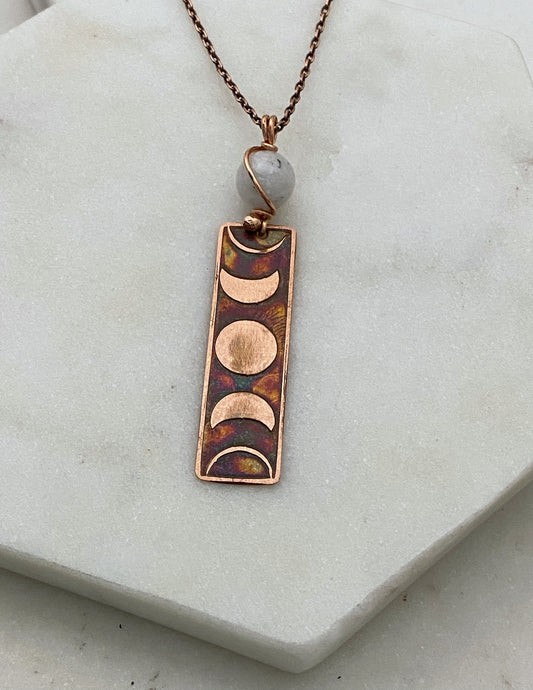 Moon phase acid etched copper necklace with moonstone gemstone