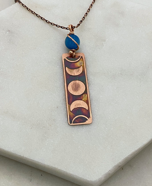 Moon phase acid etched copper necklace with apatite gemstone