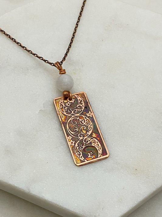 Copper and moonstone moon necklace