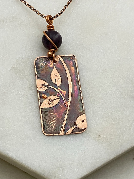 Acid etched copper leaf necklace with amethyst gemstone