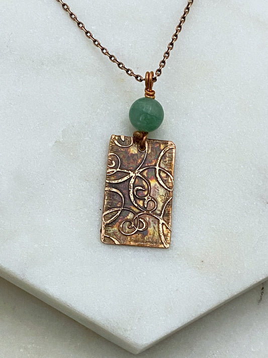 Acid etched copper necklace with aventurine gemstone