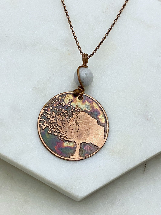 Tree acid etched copper necklace with moonstone gemstone