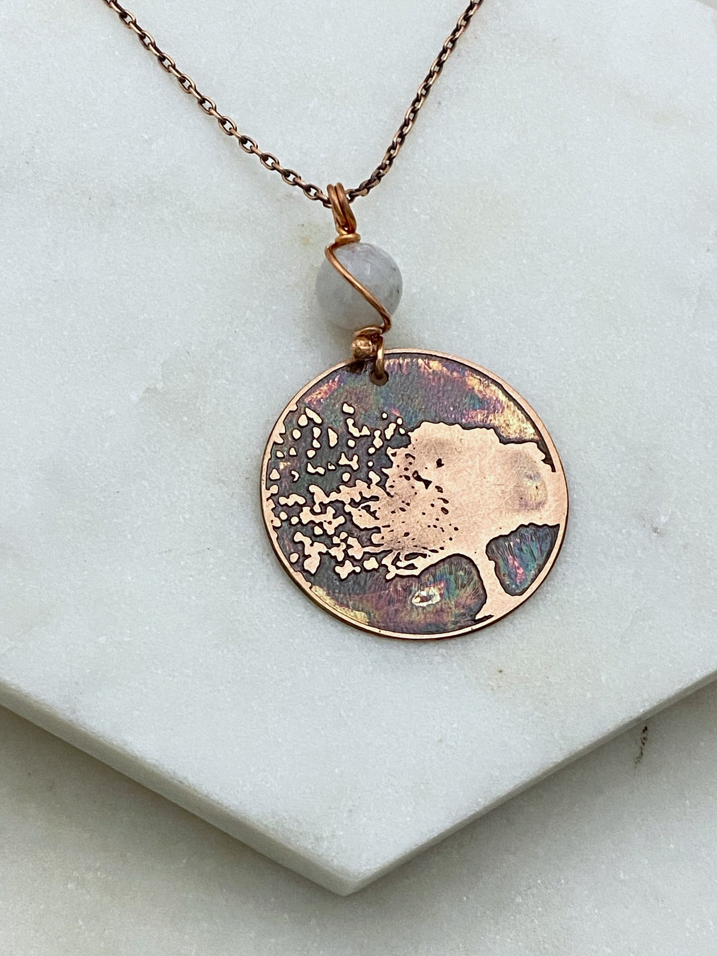 Tree acid etched copper necklace with moonstone gemstone