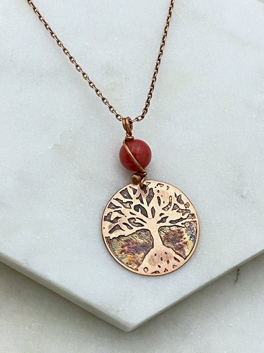 Tree acid etched copper necklace with coral gemstone