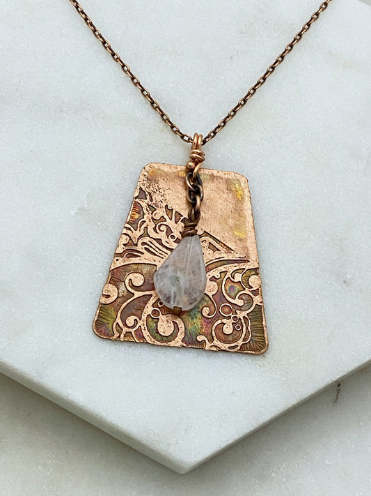 Acid etched copper necklace with moonstone gemstone