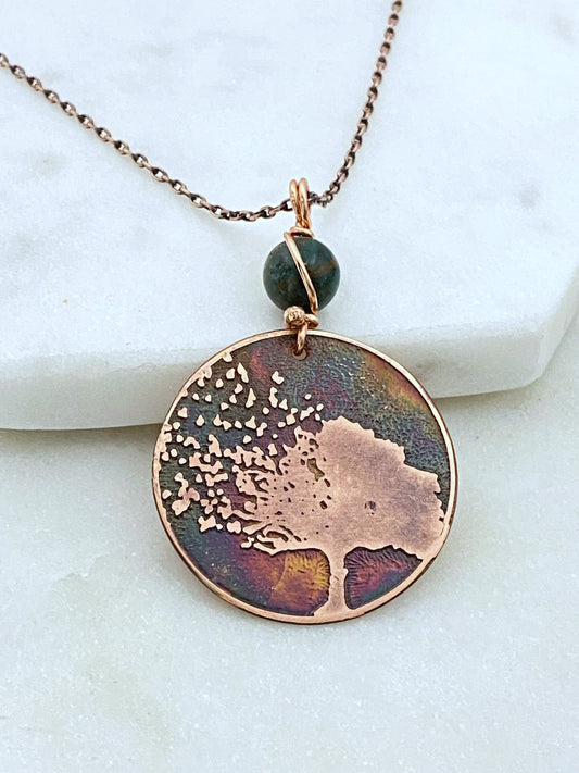 Acid etched copper tree necklace with amazonite gemstone