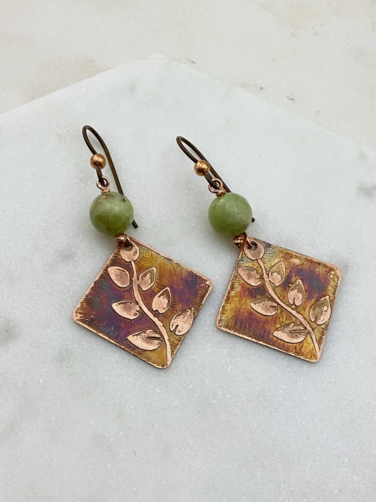 Acid etched copper earrings with green garnet gemstones