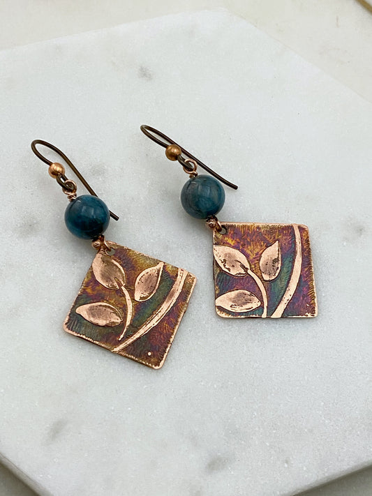 Acid etched copper earrings with apatite gemstones
