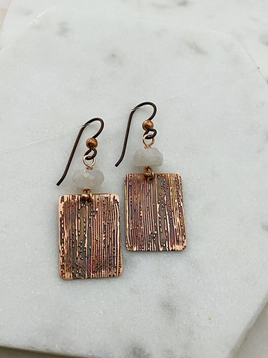 Acid etched copper earrings with moonstone gemstones