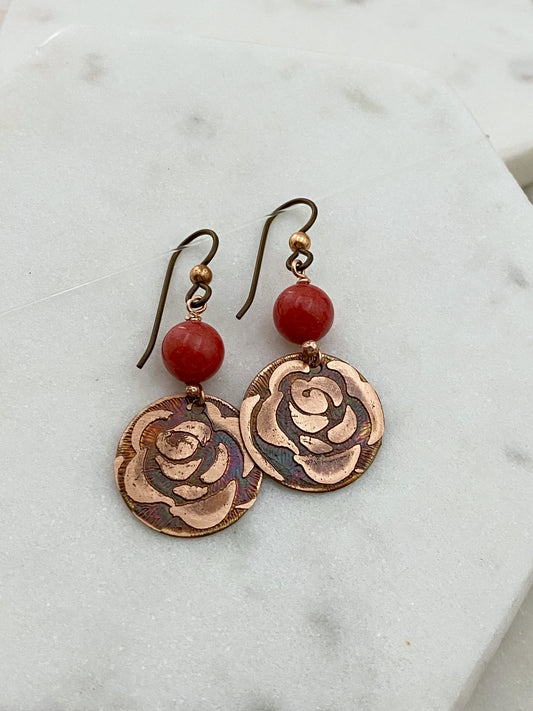 Acid etched copper earrings with coral gemstones