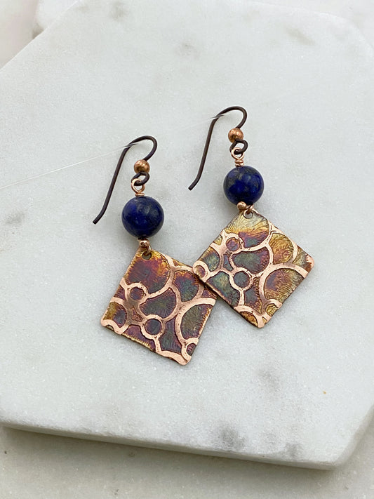 Acid etched copper earrings with lapis gemstones