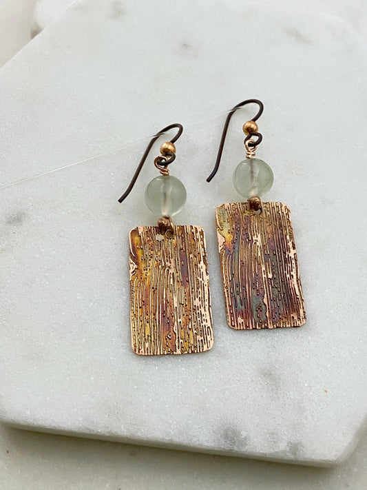 Acid etched copper earrings with prehnite gemstones