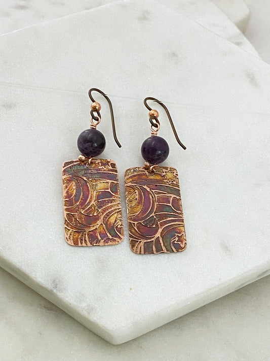 Acid etched copper earrings with amethyst gemstones