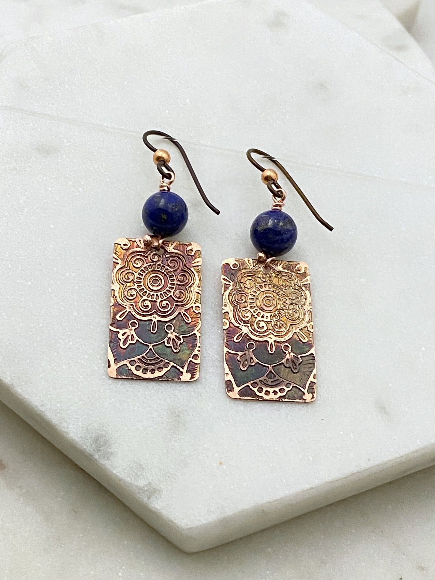 Acid etched copper earrings with lapis gemstones