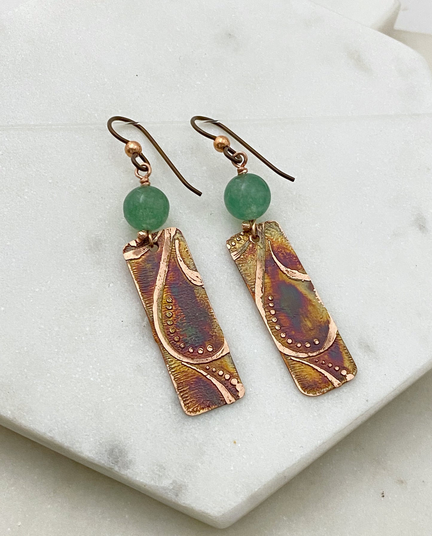 Acid etched copper earrings with aventurine gemstones