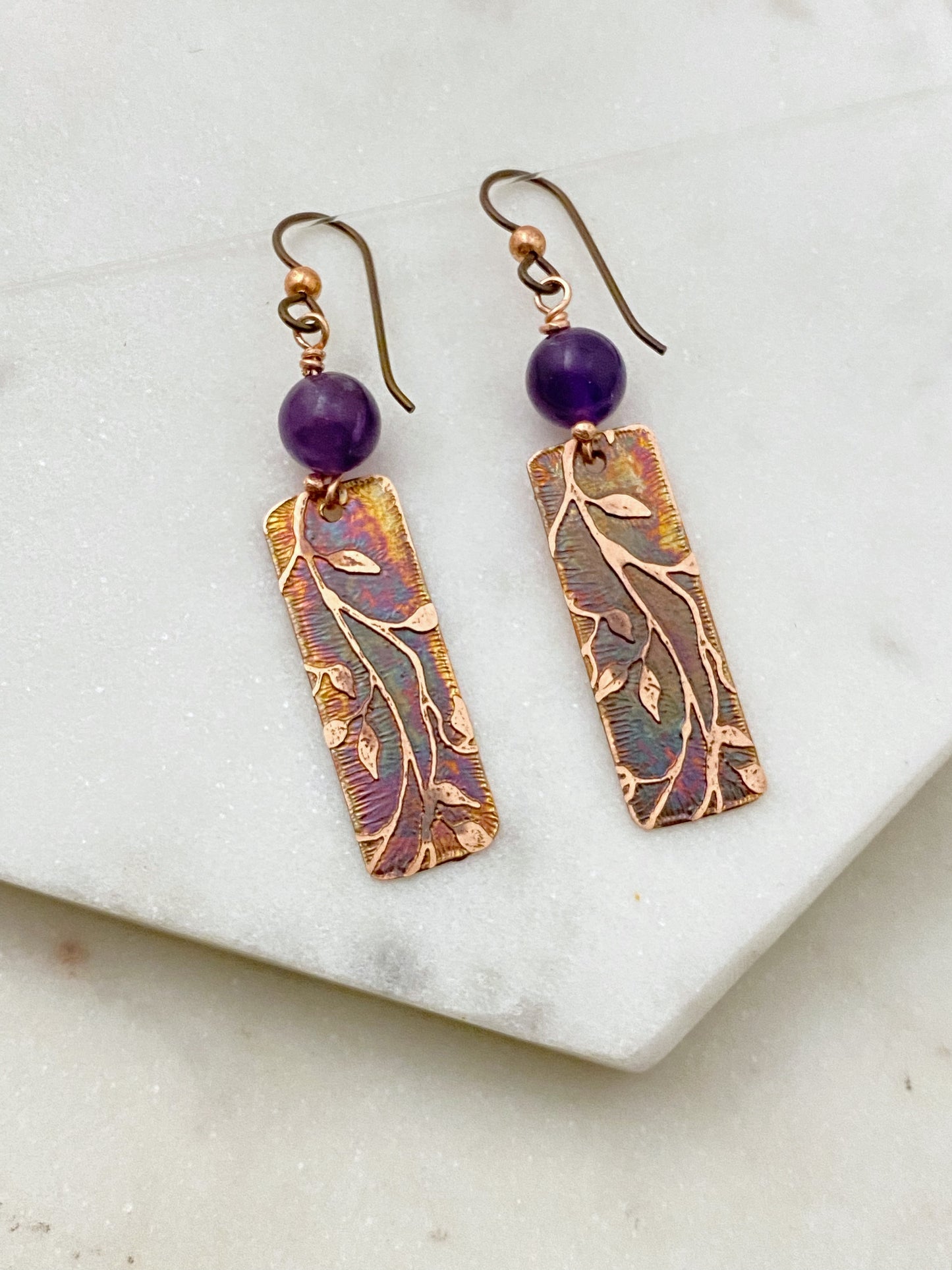 Acid etched copper earrings with amethyst gemstones