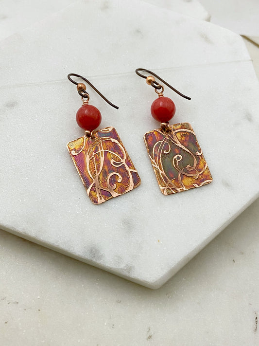 Acid etched copper earrings with coral gemstones