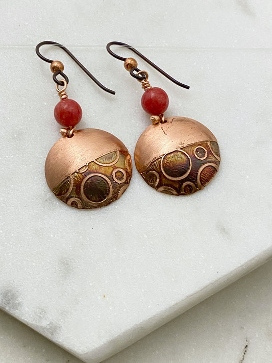 Acid etched copper earrings with coral gemstones